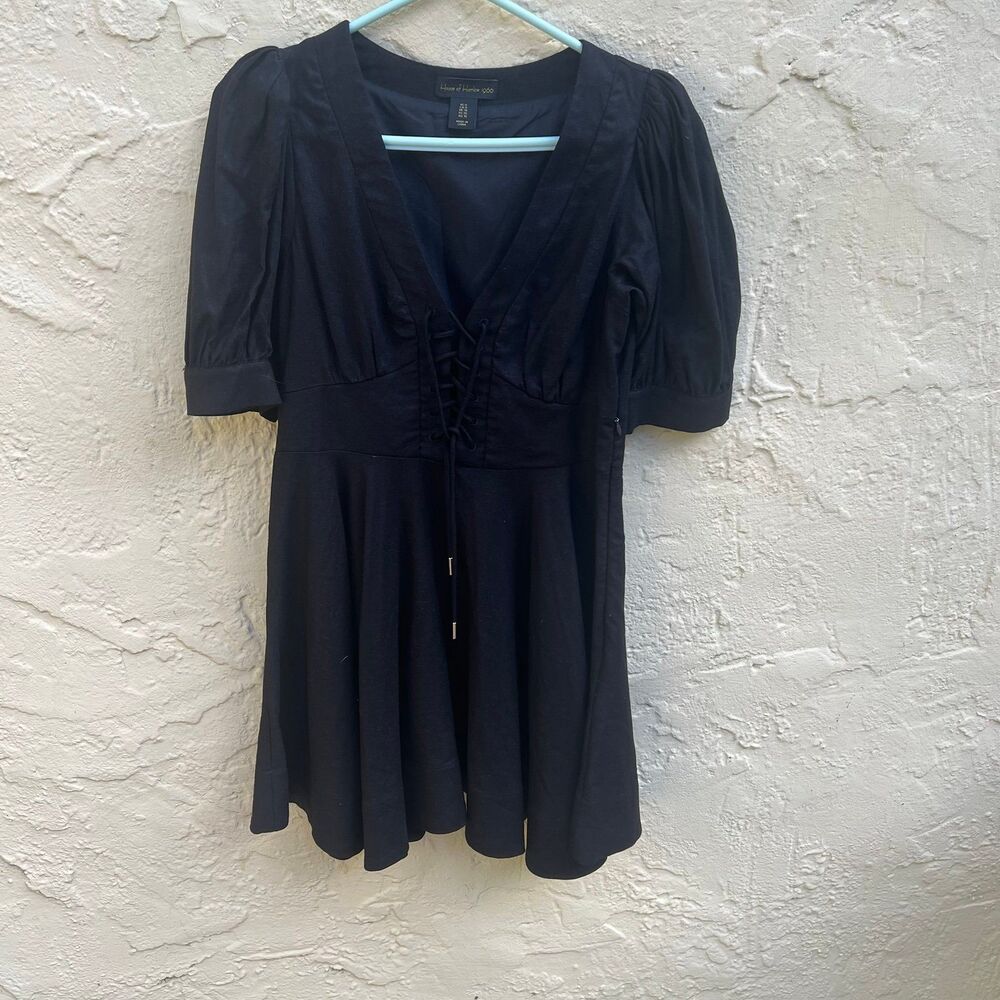 House of Harlow 1960 Black Linen Blend witchy lace up front dress sz 6